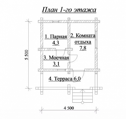 Одноэтажная баня из бруса с террасой и комнатой отдыха № КБ10 - фото 3